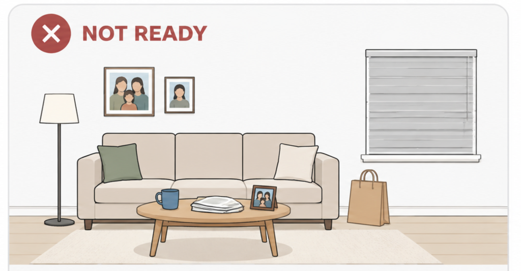 Not ready: a room with clutter, personal photos, closed blinds and visible bags.