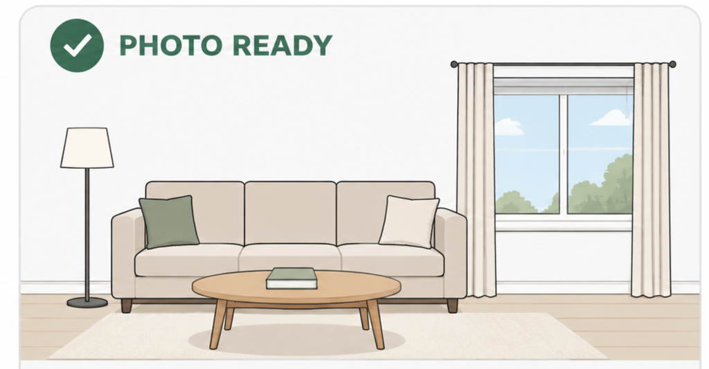 Photo ready: a clean room with open window treatments, clear surfaces and neutral details.