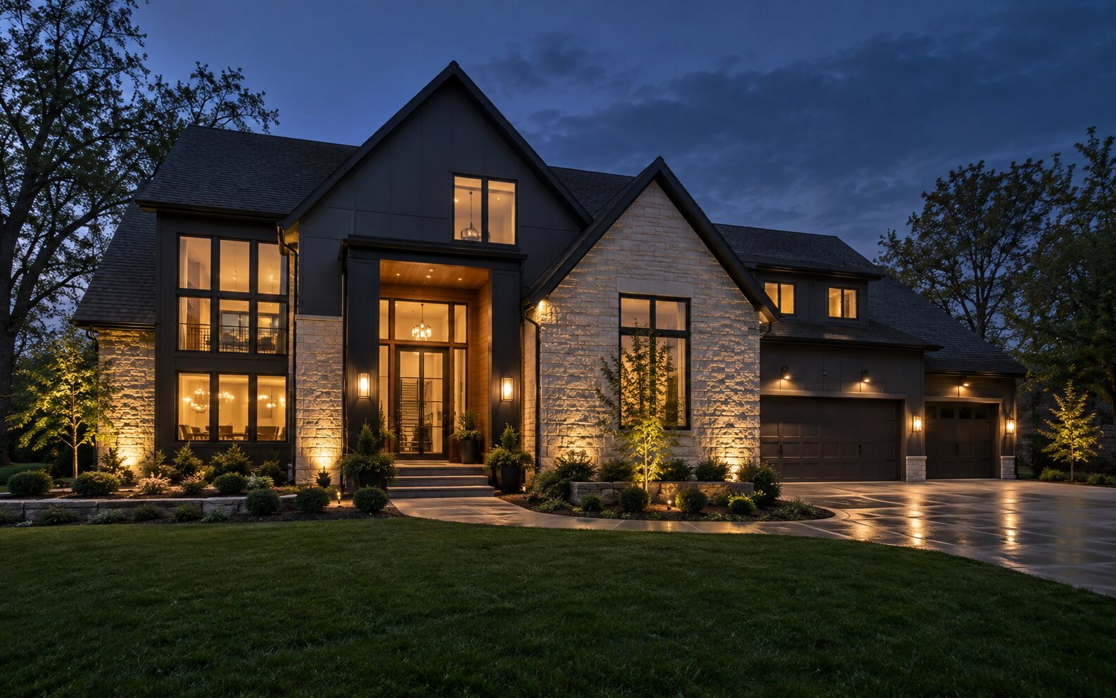 Modern Indianapolis home photographed at blue hour