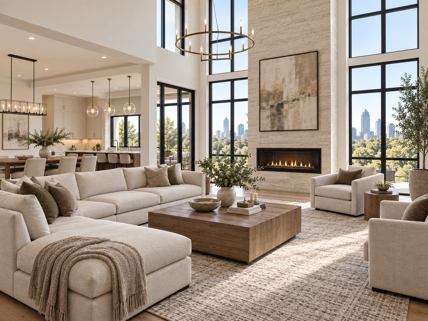 Light-filled modern living room with a fireplace