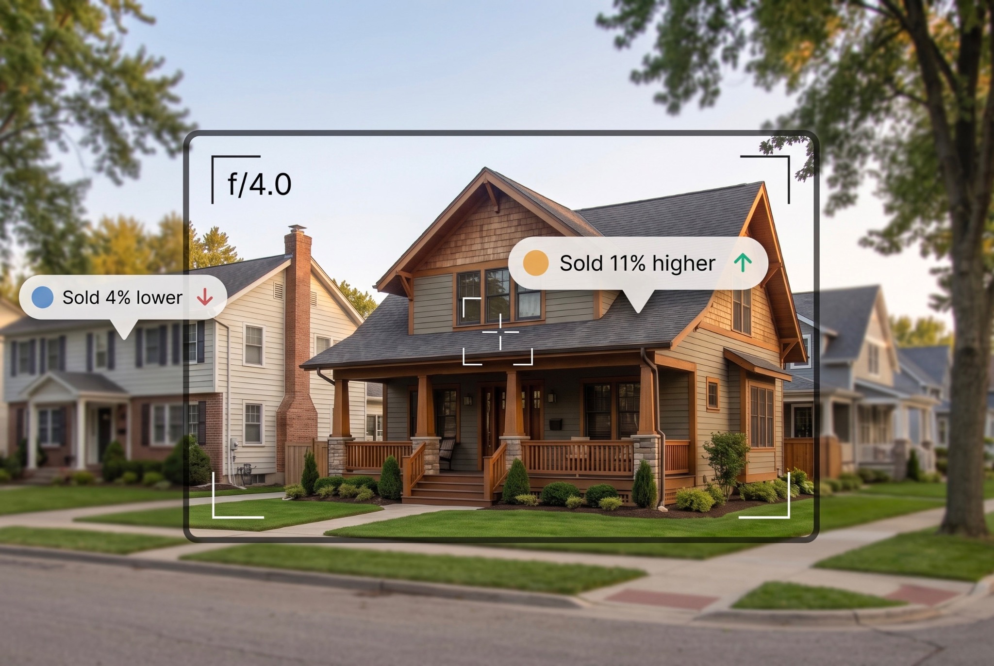 A home presented through a composed camera frame with market performance callouts